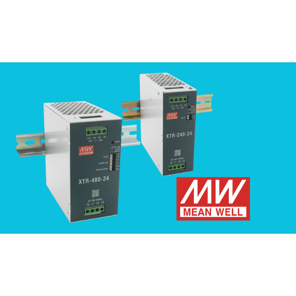 The image features two variations of the MEAN WELL XTR series, the XTR-480 and the XTR-240. These ultra slim 3 phase DIN rail power supplies.