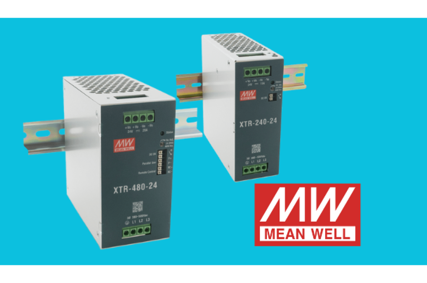 The image features two variations of the MEAN WELL XTR series, the XTR-480 and the XTR-240. These ultra slim 3 phase DIN rail power supplies.